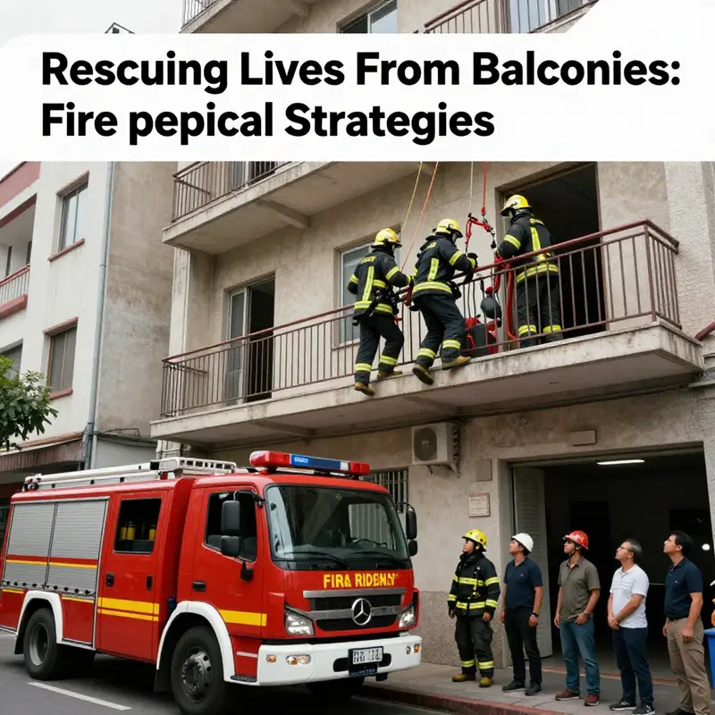 A scene of firefighters gearing up and positioning equipment for a balcony rescue operation in a high-rise building.
