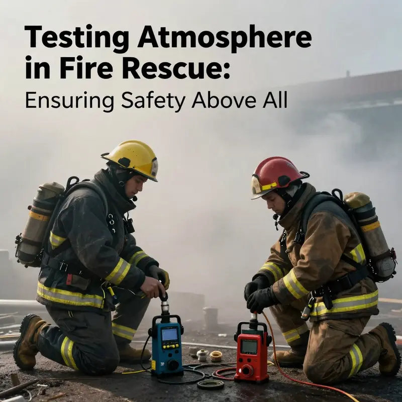 Firefighters in action during a rescue, utilizing various detection devices to ensure safety.