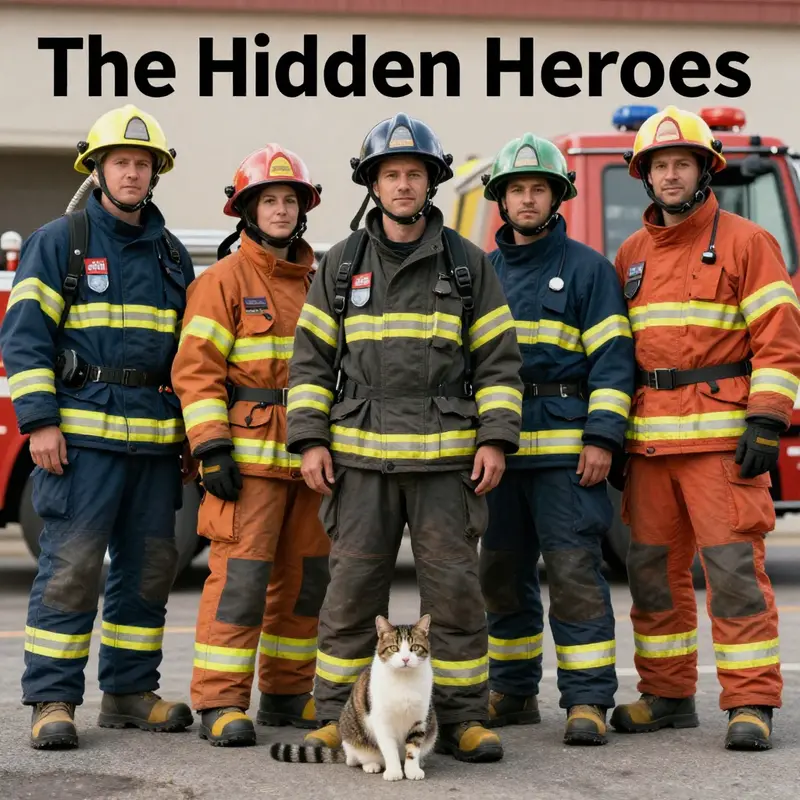 Firefighters posing with a rescued cat, representing the bond between emergency services and animal welfare.