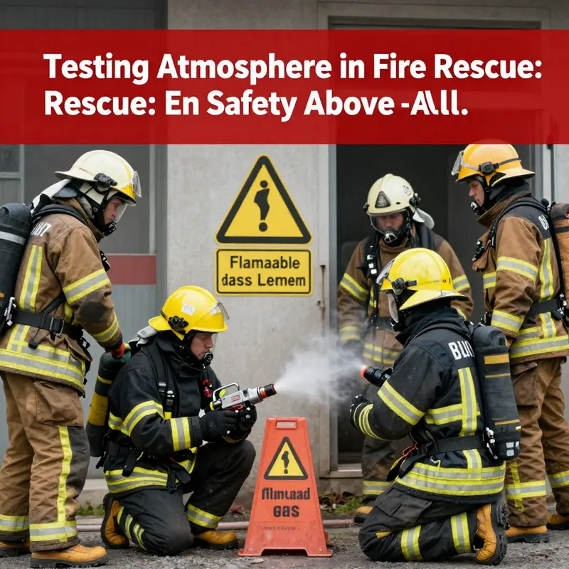 A firefighter conducting an oxygen analysis in a smoke-filled environment using a multi-gas detector.