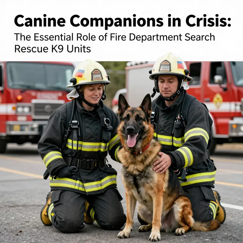 A firefighter interacts affectionately with a search and rescue dog, symbolizing teamwork.