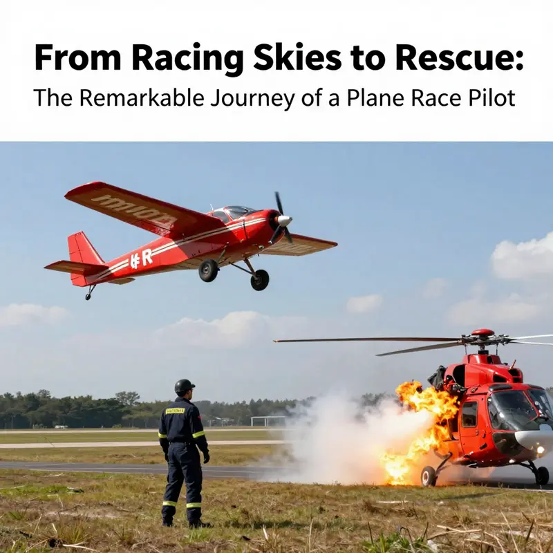 A plane racing in the sky alongside a helicopter repelling a fire, showcasing the connection between racing and rescue.