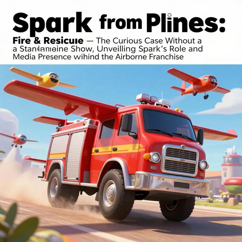 Sparky the fire truck depicted in an action-packed scene with other planes, showcasing community-focused firefighting.