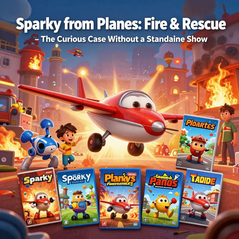 Sparky showcasing his heroic role among the firefighting team in *Planes: Fire & Rescue*.