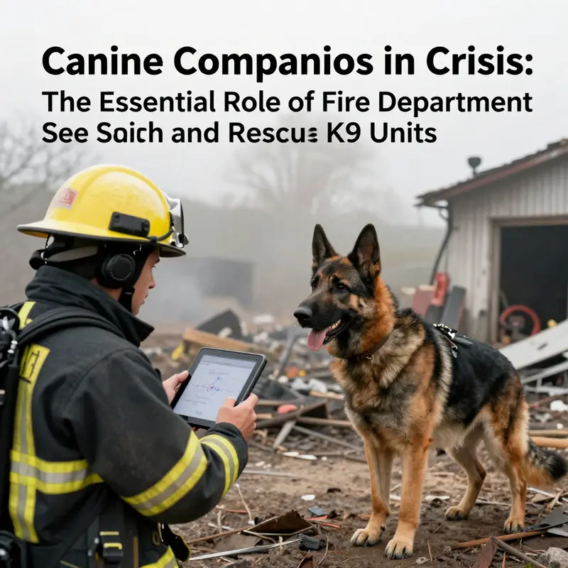 Firefighters and their K9 partners work collaboratively in a disaster zone to conduct search and rescue operations.