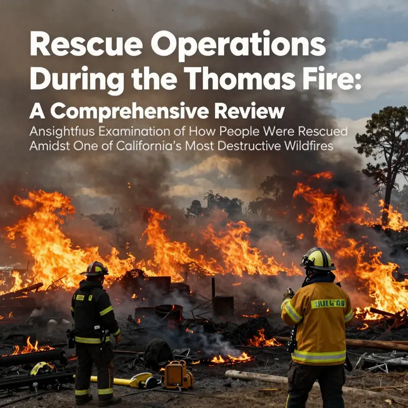 A comprehensive view of the Thomas Fire's destruction, with emergency responders actively engaged in rescue operations.