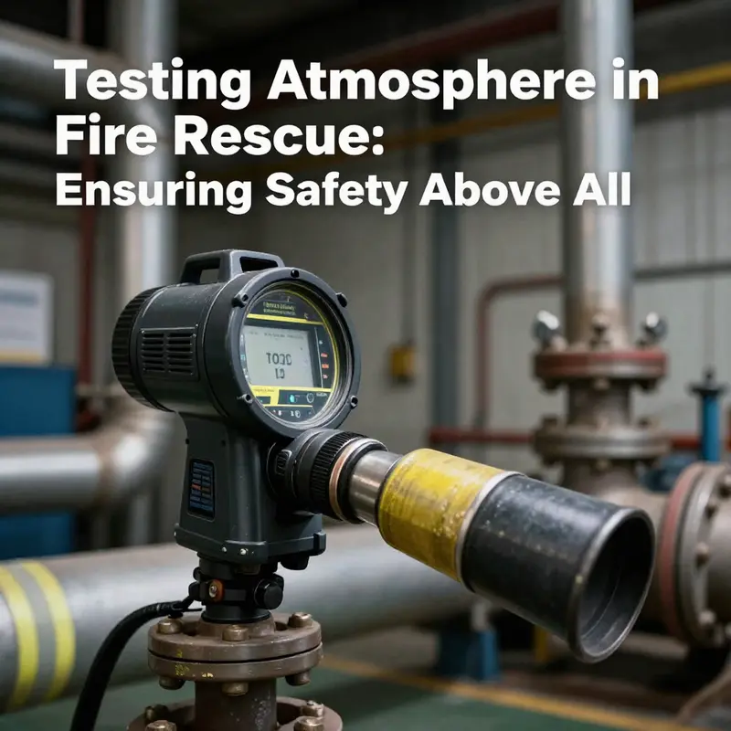 A firefighter conducting an oxygen analysis in a smoke-filled environment using a multi-gas detector.