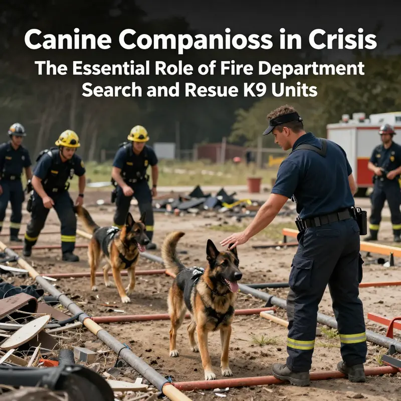 Firefighters and their K9 partners work collaboratively in a disaster zone to conduct search and rescue operations.