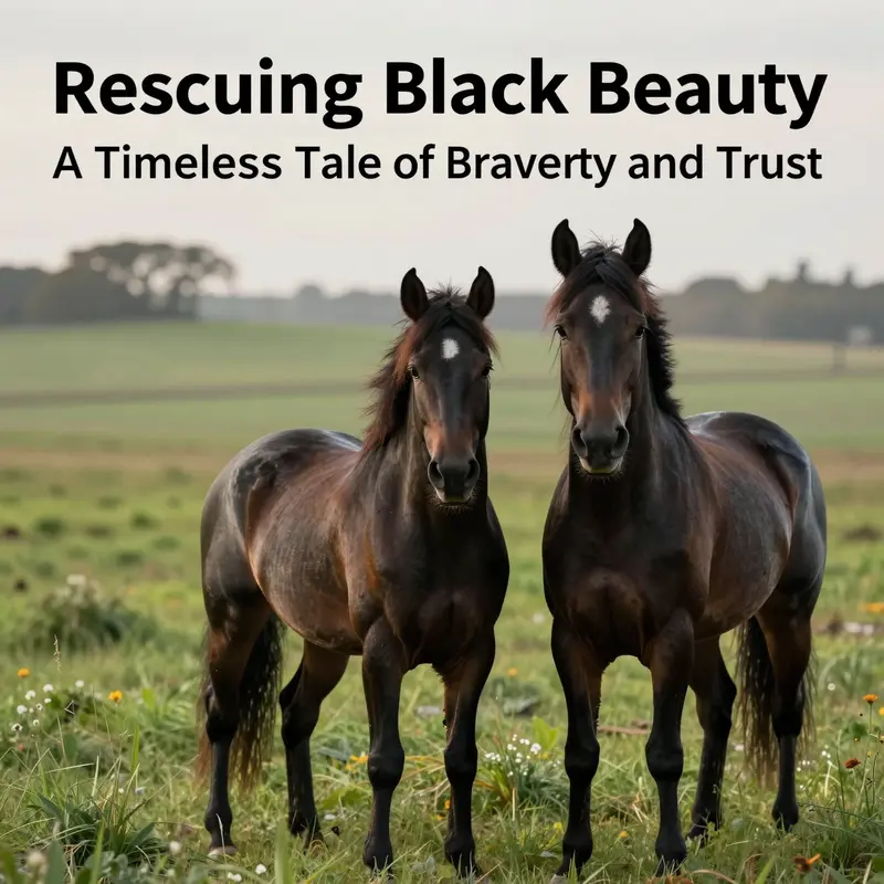 Black Beauty and James in a serene landscape post-rescue, illustrating themes of hope and togetherness.