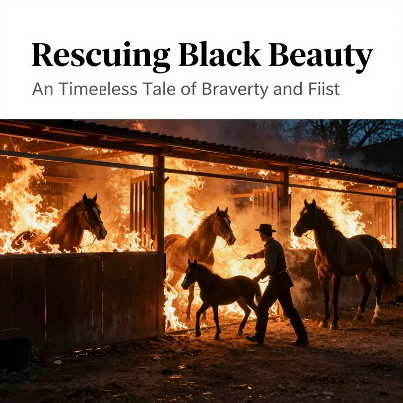 James courageously leads Black Beauty out of the fire, showcasing the bond between horse and groom.