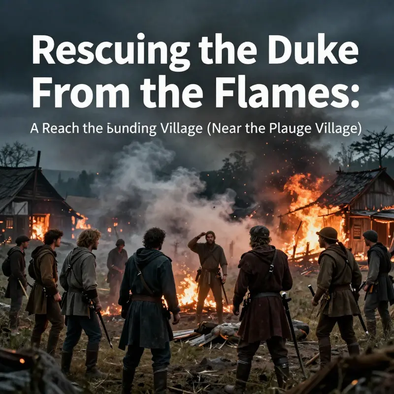 Adventurers strategizing to reach the burning village.