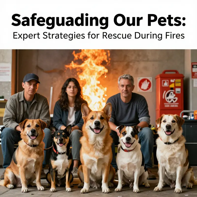 A vibrant depiction of pet owners and their animals promoting fire safety awareness, illustrating the unity between human and animal well-being.