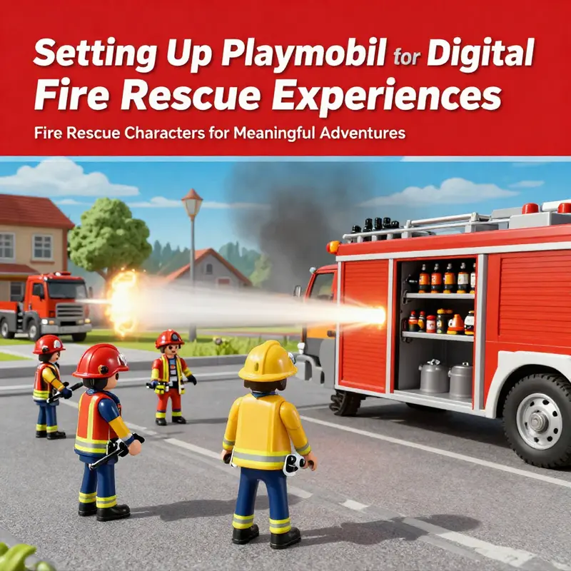 An organized assembly of Playmobil fire rescue characters ready for action.