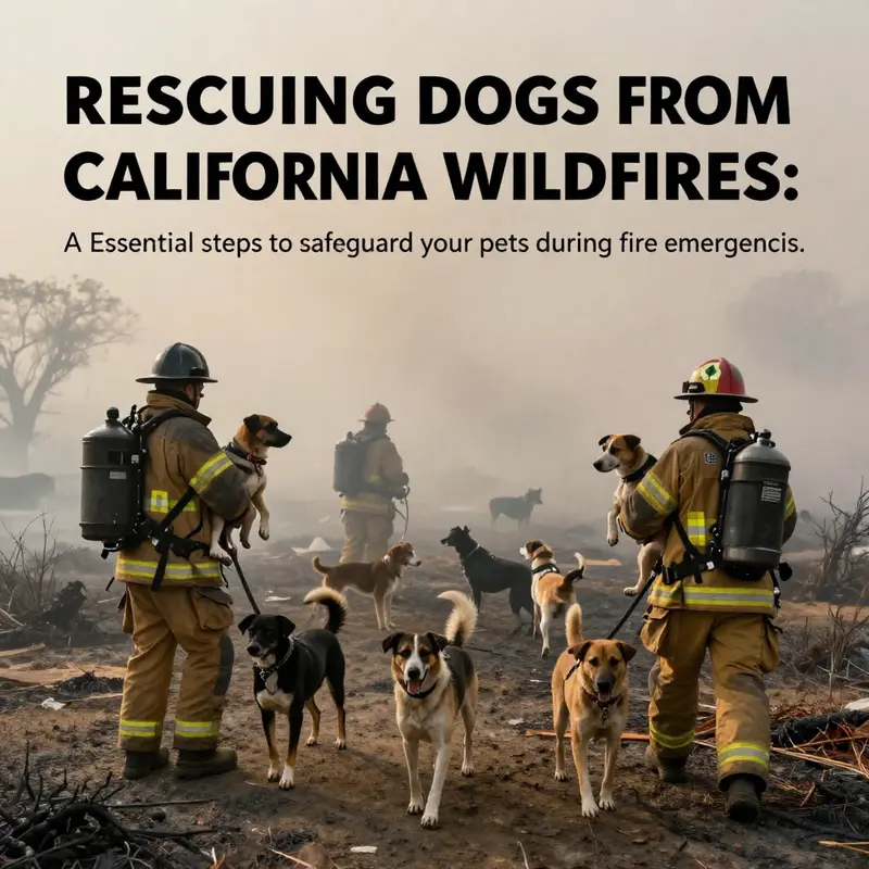 Firefighters in gear carrying dogs to safety during a California wildfire, illustrating urgent rescue efforts.