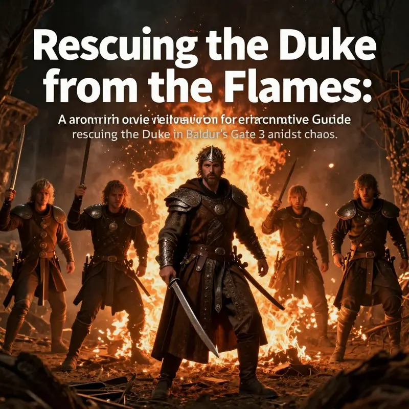 A group of heroes successfully rescuing the Duke amidst a fiery backdrop, symbolizing bravery.