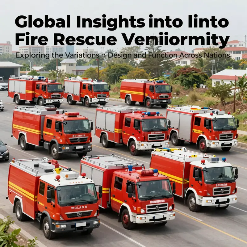 A collection of international fire rescue vehicles representing diverse designs and functions set against various backgrounds.