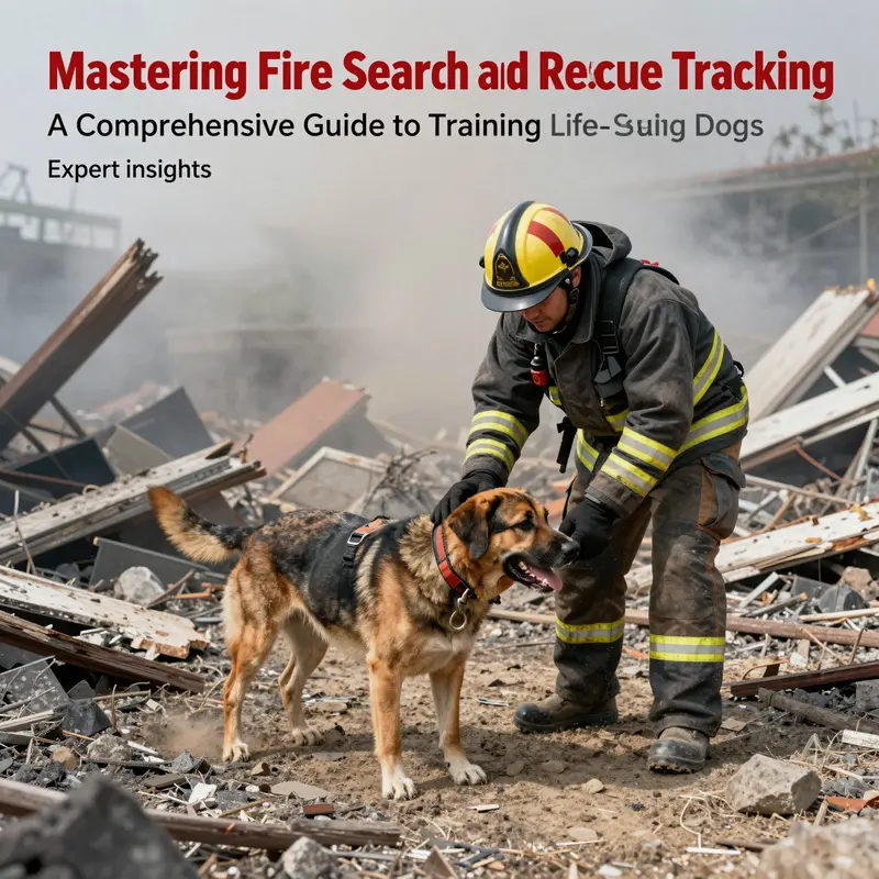 A fire search and rescue dog and its handler navigating debris and rubble in a disaster simulation environment.