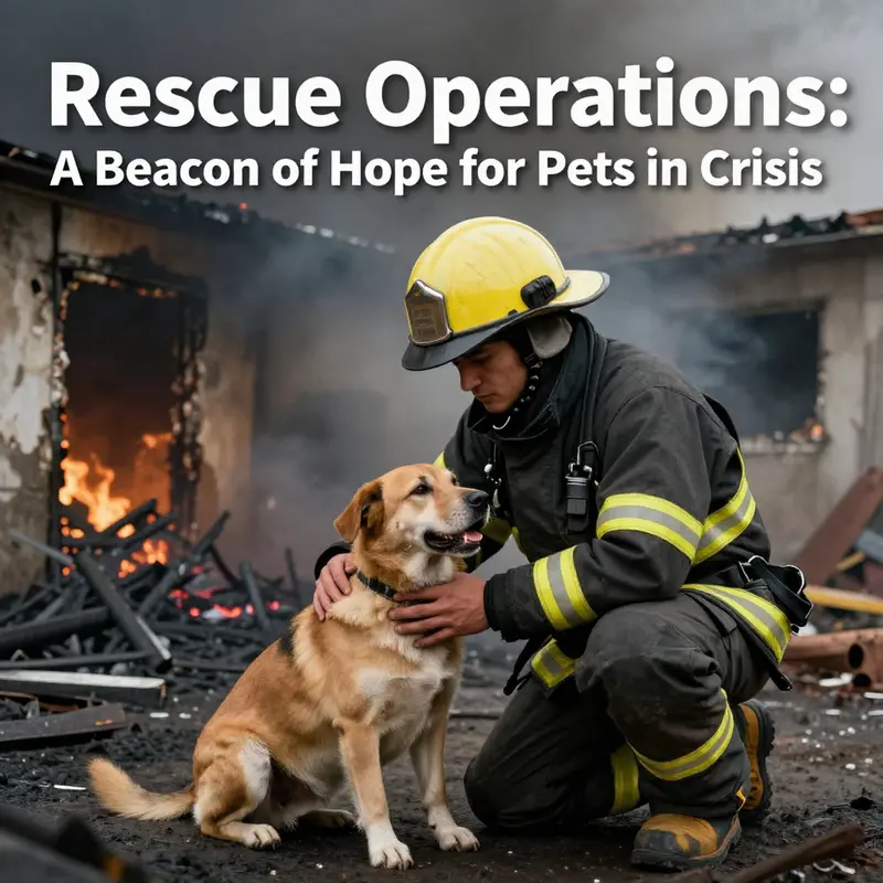 A firefighter holding a rescued dog near a burnt structure, symbolizing hope and the commitment to pet rescue.