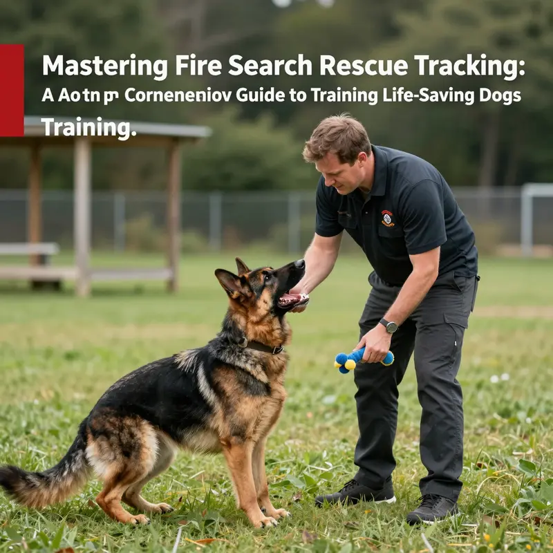 Handler establishing obedience and trust with a German Shepherd during foundational fire SAR training.