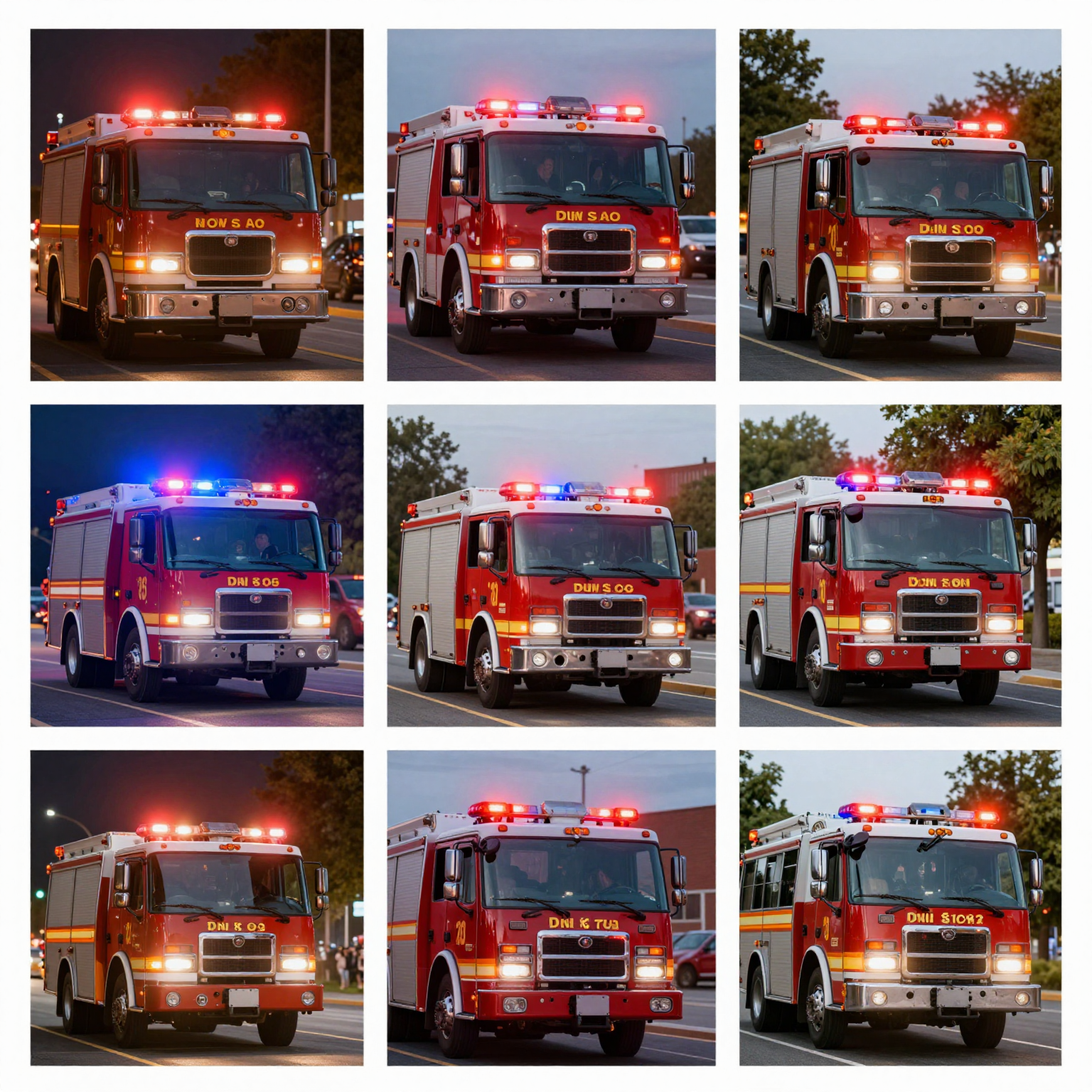 A collage showcasing various fire rescue vehicles with flashing lights