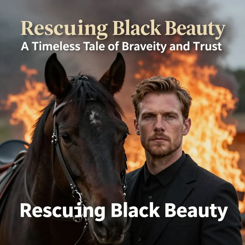 James courageously leads Black Beauty out of the fire, showcasing the bond between horse and groom.