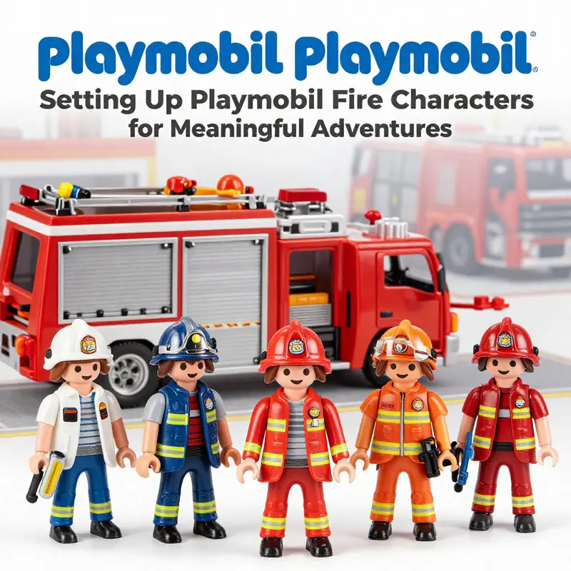 An organized assembly of Playmobil fire rescue characters ready for action.