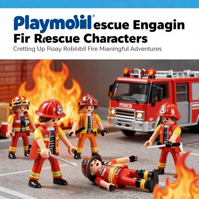 An organized assembly of Playmobil fire rescue characters ready for action.