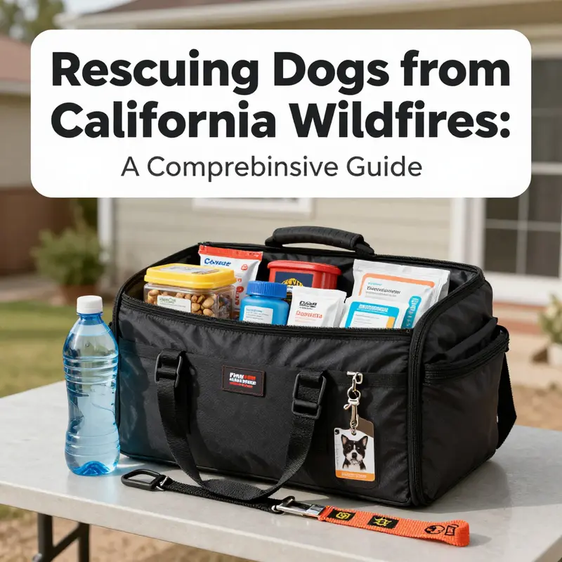 A crucial moment of evacuation showing a pet owner rescuing a dog from wildfire danger.