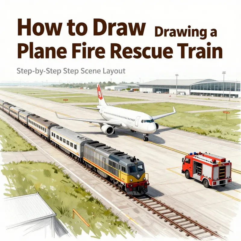 An illustration depicting the initial scene layout for the plane fire rescue train drawing.