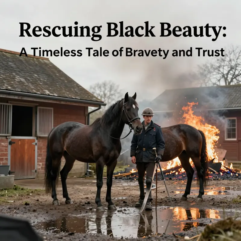 James courageously leads Black Beauty out of the fire, showcasing the bond between horse and groom.