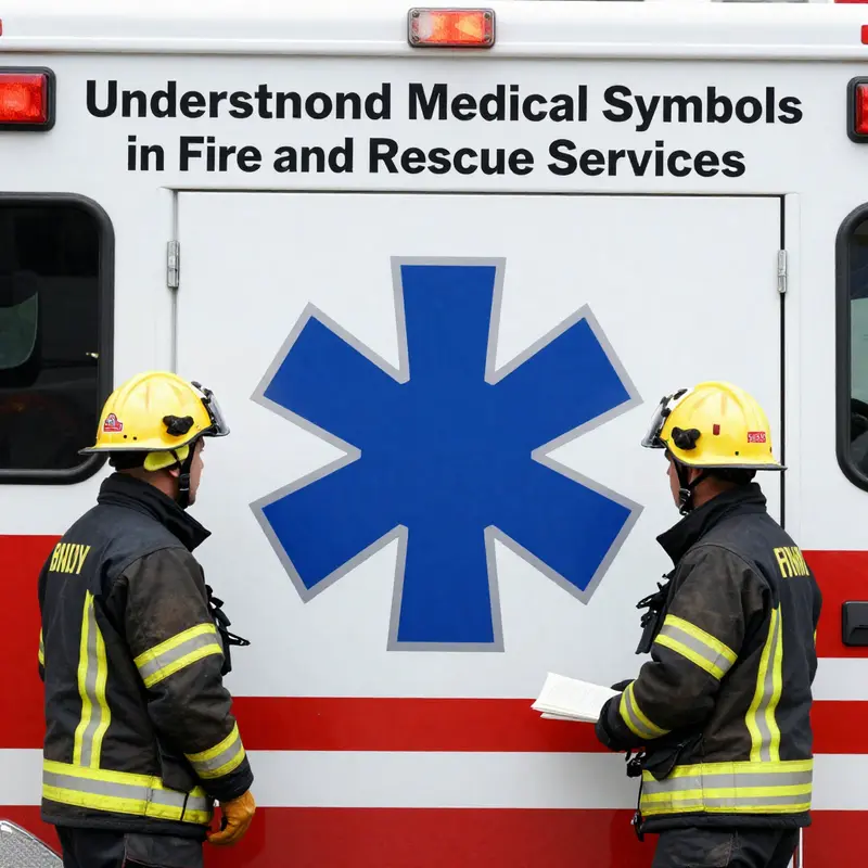 Firefighters engaging in a discussion about the integration of medical symbols within fire and rescue operations.
