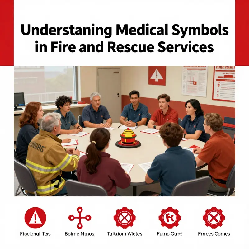 Firefighters engaging in a discussion about the integration of medical symbols within fire and rescue operations.