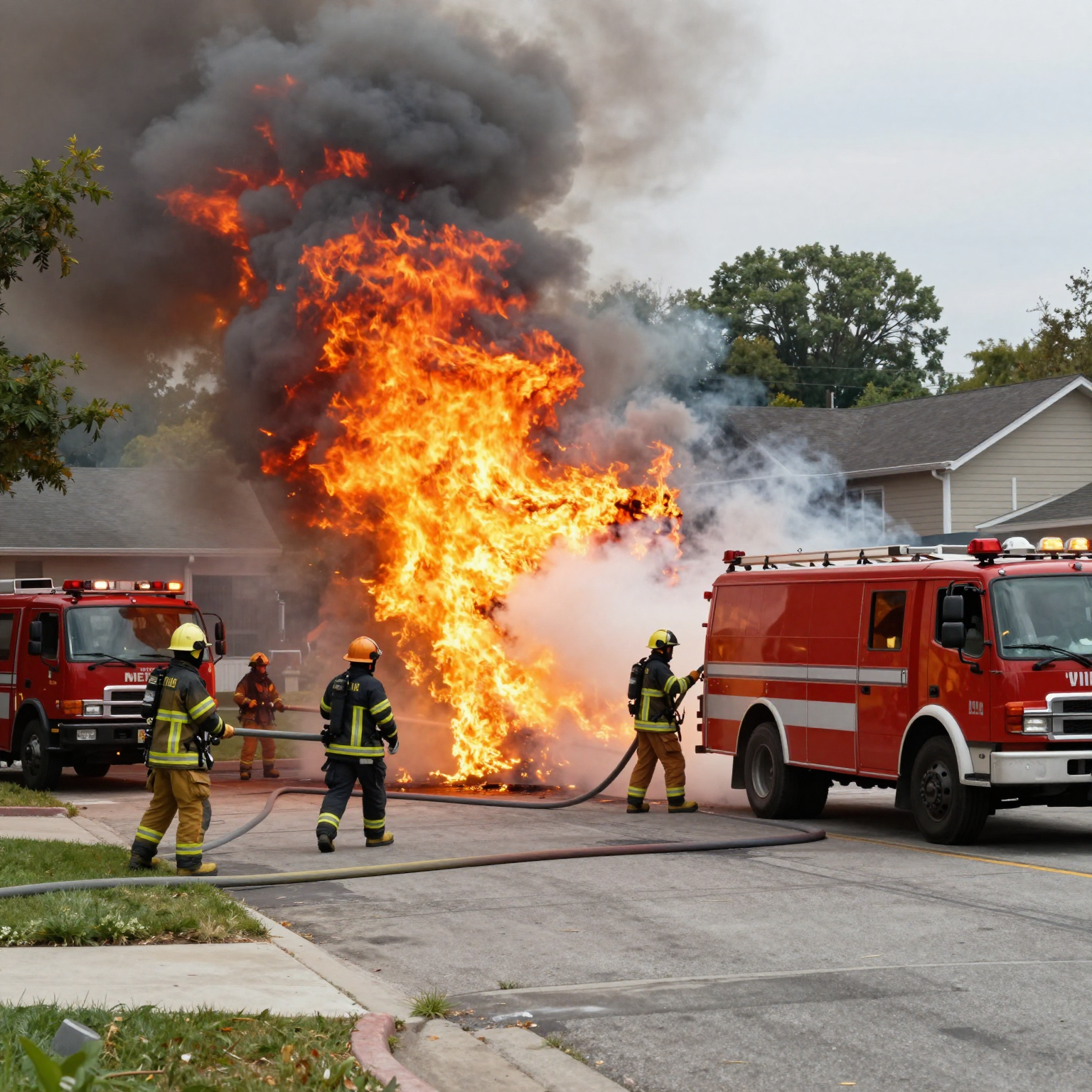 Dramatic firefighting scene with firefighters battling flames