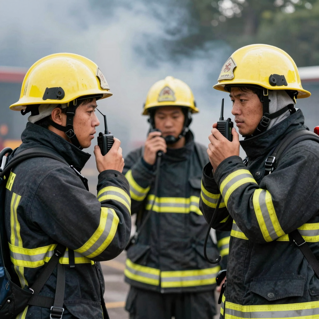 Firefighters using radios during communication in an emergency scenario