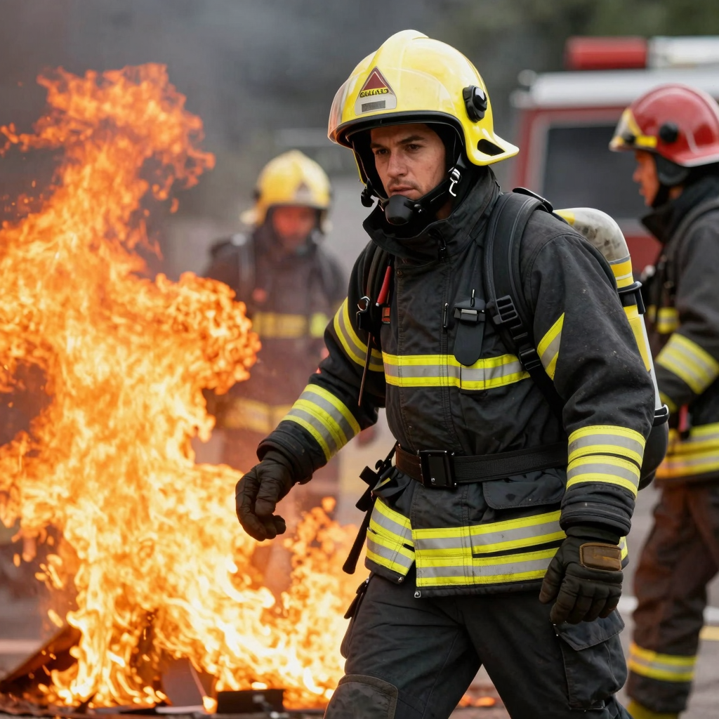 A heroic firefighter in action, bravely battling flames with determination, showcasing bravery and resilience.