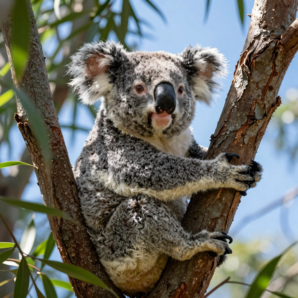 A happy koala nestled in a tree, symbolizing recovery and hope