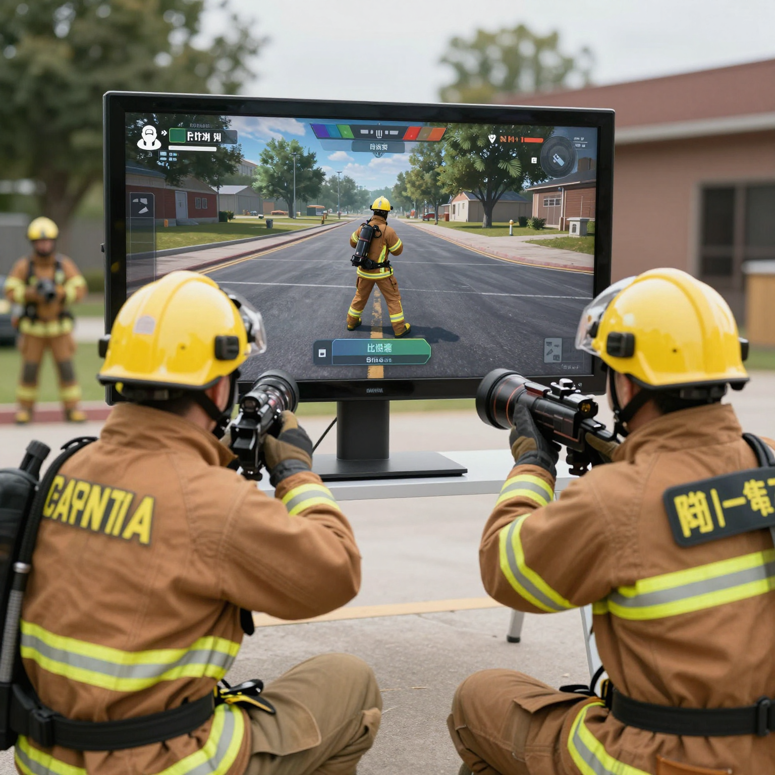 Firefighters interacting with video games illustrating realism and training benefits