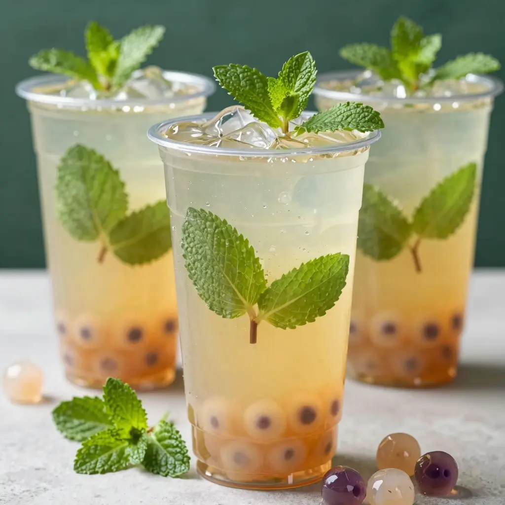 Clear peppermint bubble tea in plastic cups