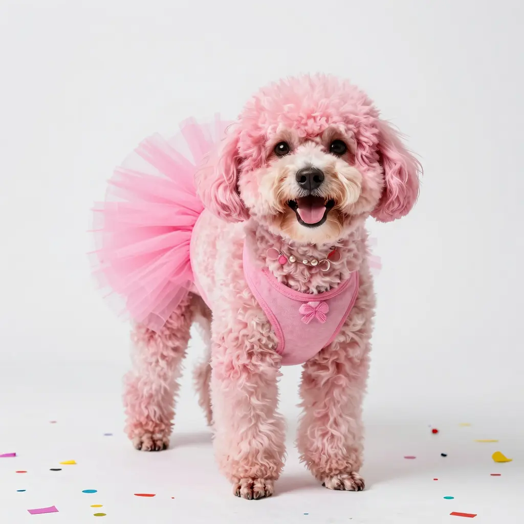 A pink dog wearing a fluffy tutu