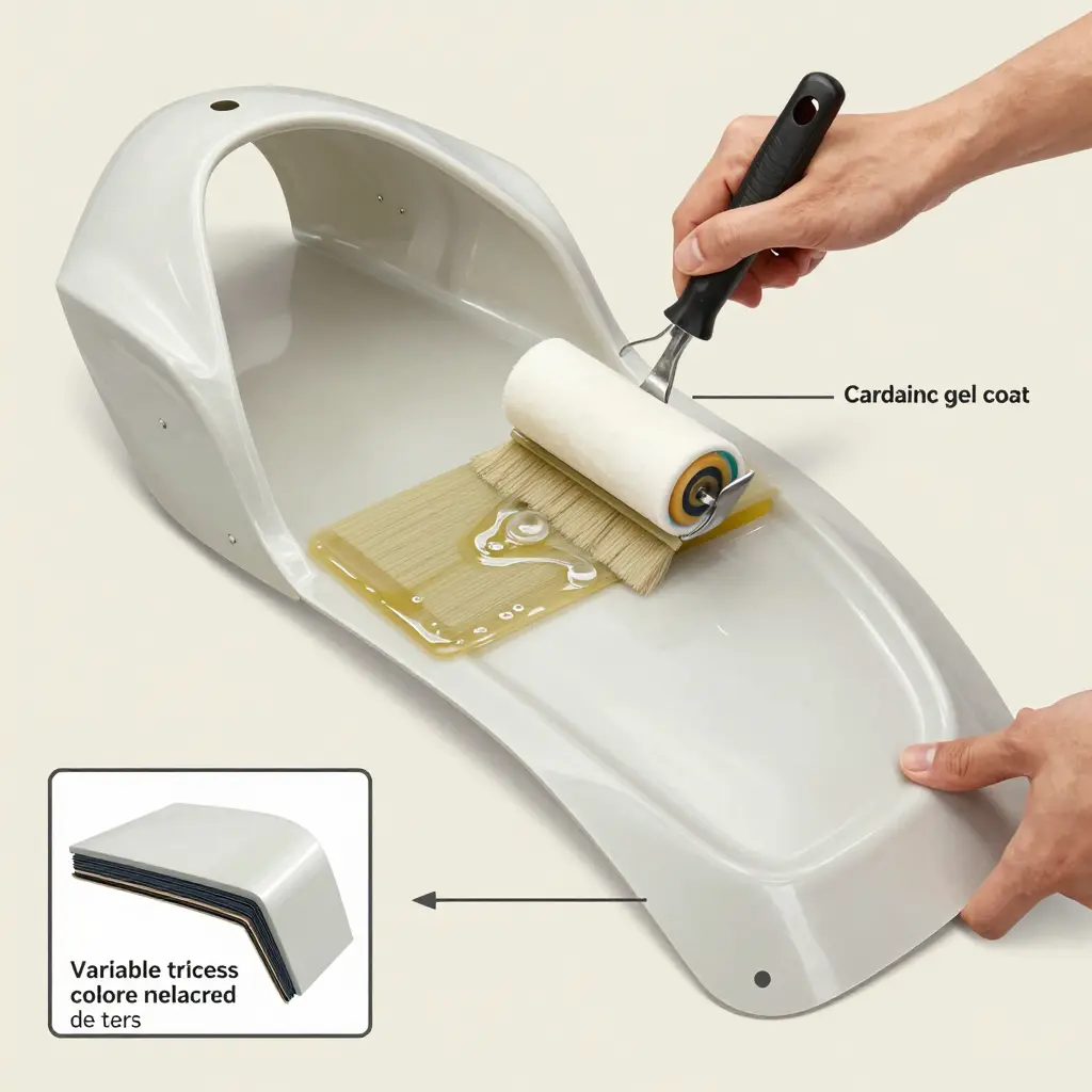 Hand layup fiberglass fairing construction process showing gel coat, fiberglass matting, resin, and variable thickness cross-section