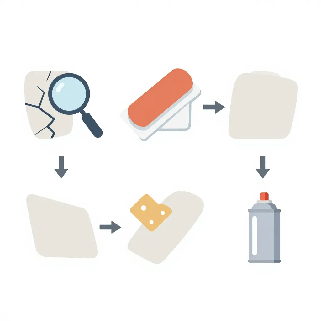 Simple minimalist 2D workflow diagram showing the fairing repair process as four connected steps: assess damage, prep surface, repair or bond, and refinish