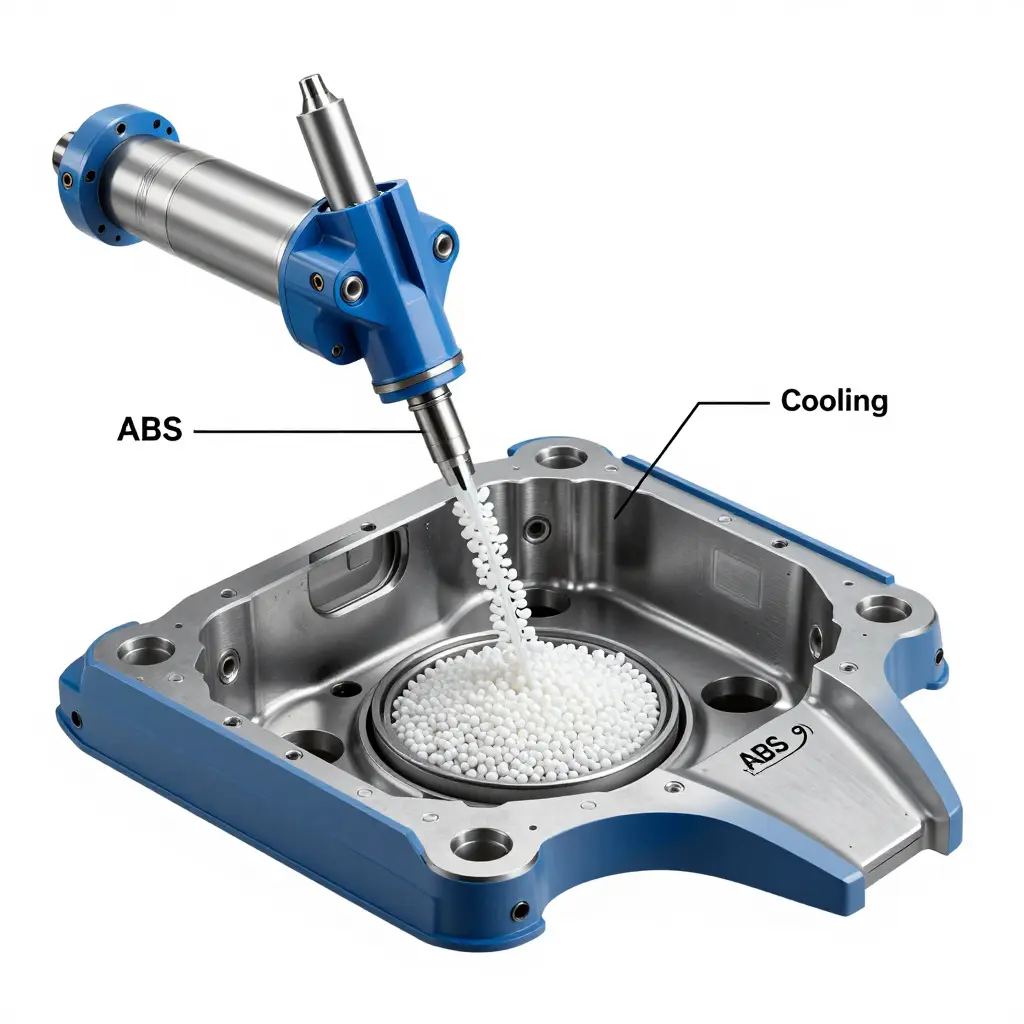 Clean cutaway diagram showing ABS pellets melting in a heated barrel and being injected into a precision steel mold cavity shaped like a motorcycle fairing panel